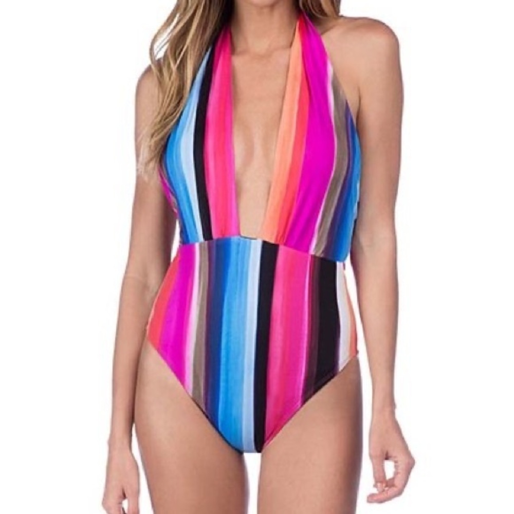 La Blanca Pink & Aqua Stripe Horizon Plunge One-Piece Halter Swimsuit Size 12